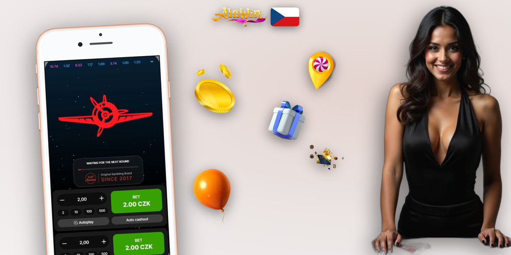 Herní rozhraní Aviator v Alawin Casino se stoupající křivkou násobitele a sázkovými poli