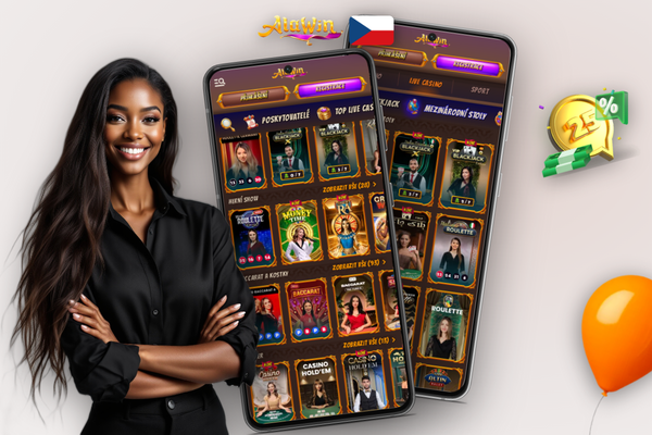 Hráč prohlíží seznam slotů a tlačítko vkladu v mobilní aplikaci Alawin Casino